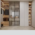 Modern Wardrobe Interior With Glass Doors Hanging Clothes Shelves Drawers And Built-in Lighting