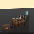 Vintage Wooden Cabinet With Sewing Machine Tea Cups Blue Canisters Storage Boxes And Drawer Cabinet