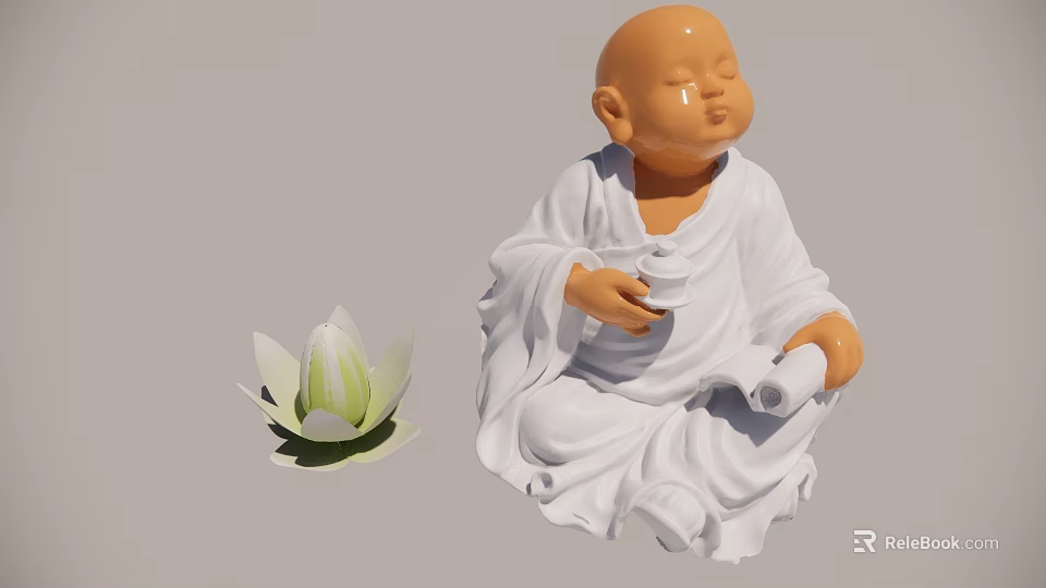 Game and Movie Character of Young Monk in White Robe Holding Teacup with White Lotus 3d model 