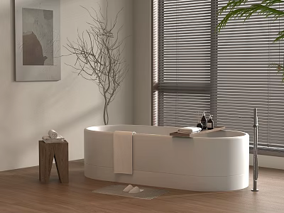 Freestanding White Bathtub in Modern Bathroom with Wooden Floor Side Table Towel Plant and Window Blinds 3d model