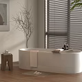 Freestanding White Bathtub in Modern Bathroom with Wooden Floor Side Table Towel Plant and Window Blinds