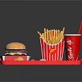 Fast Food Meal With Hamburger French Fries Coca Cola Ketchup And Napkin On Red Tray