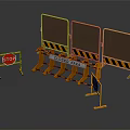 Yellow Movable Safety Barriers With Closed Area Signs Red Stop Signs And Warning Stripes