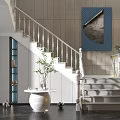 Stylish White Staircase With White Handrail Gray Wall Blue Art And Green Plant
