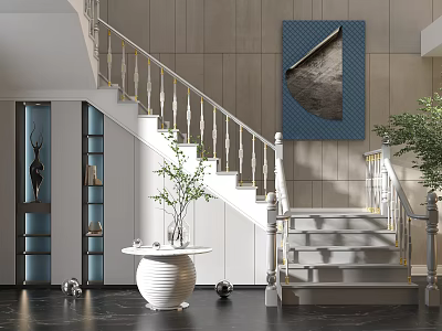 Stylish White Staircase With White Handrail Gray Wall Blue Art And Green Plant 3d model