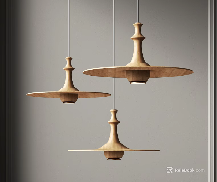 Three Modern Wooden Pendant Lights Hanging In Gray Interior Design Space 3d model 