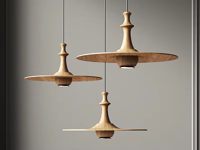 Three Modern Wooden Pendant Lights Hanging In Gray Interior Design Space 3d model