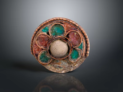 Round Decorative Disc With Green Red Gemstone Inlay Copper Edge And Beige Center 3d model