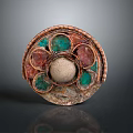 Round Decorative Disc With Green Red Gemstone Inlay Copper Edge And Beige Center