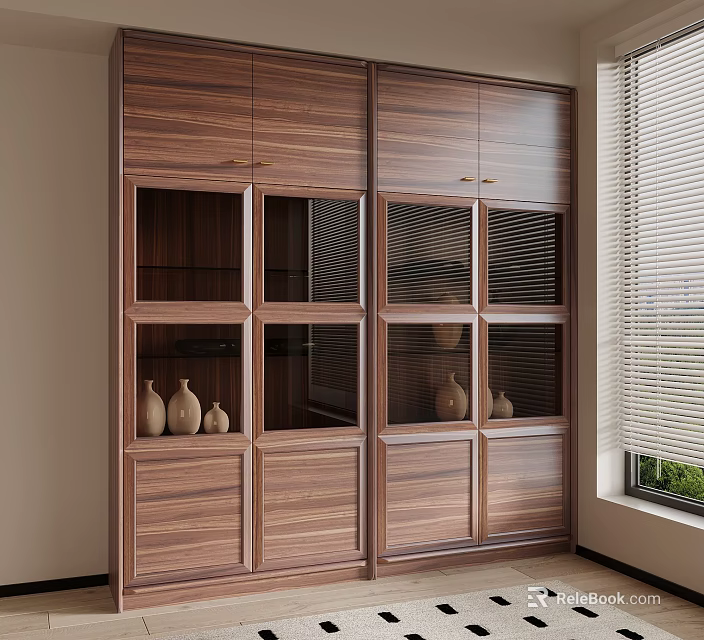 Modern Wooden Cabinet Design With Glass Doors And Vases By Window Blinds 3d model 
