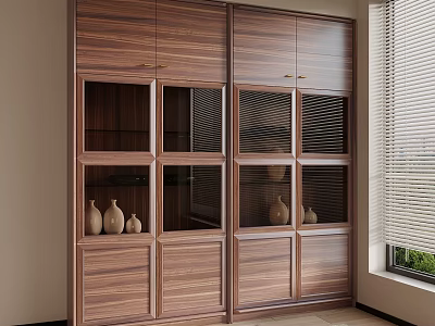 Modern Wooden Cabinet Design With Glass Doors And Vases By Window Blinds 3d model