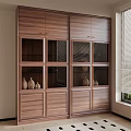 Modern Wooden Cabinet Design With Glass Doors And Vases By Window Blinds