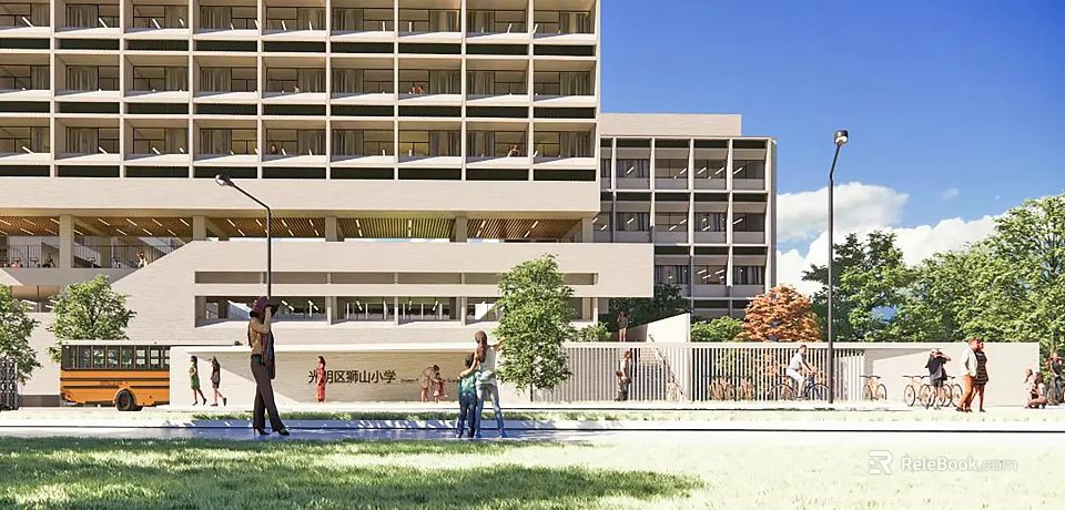 Modern Multi Storey School Building With Large Windows Balconies And Green Lawn Area 3d model 