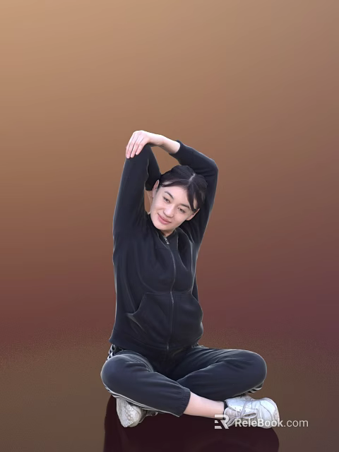 Woman Performing Arm Stretch in Black Hoodie Against Warm Brown Background 3d model 