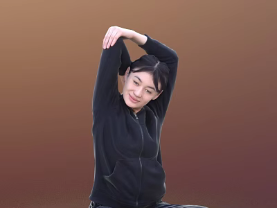 Woman Performing Arm Stretch in Black Hoodie Against Warm Brown Background 3d model