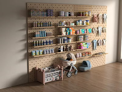 Baby Store Pegboard Wall With Shelves Of Various Baby Products Stroller And Clothes 3d model
