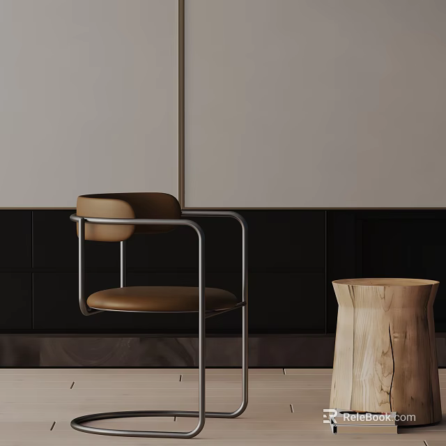 Modern Leisure Chair With Metal Frame Brown Leather Seat And Wooden Side Table 3d model 