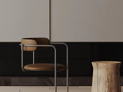 Modern Leisure Chair With Metal Frame Brown Leather Seat And Wooden Side Table 3d model