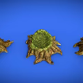 Wooden Stone Stumps With Green Moss Three Decorative Pieces On Blue Background