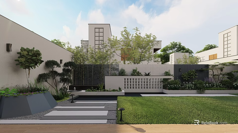 Modern Courtyard Garden Featuring White Building Black Fence Greenery Lawn Slate Path And Garden Lights 3d model 