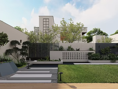 Modern Courtyard Garden Featuring White Building Black Fence Greenery Lawn Slate Path And Garden Lights 3d model