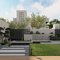 Modern Courtyard Garden Featuring White Building Black Fence Greenery Lawn Slate Path And Garden Lights