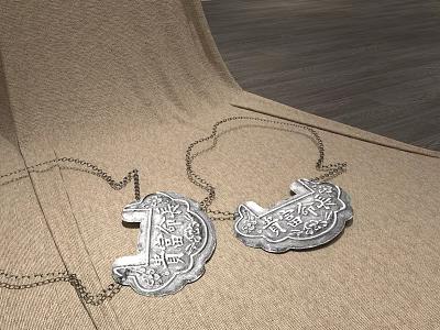 Exquisite Silver Pendant Necklaces With Intricate Engraved Patterns And Chains On Fabric Surface 3d model