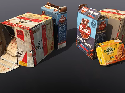 Open Food Packaging Boxes With Assorted Breakfast Snacks And Brand Labels 3d model