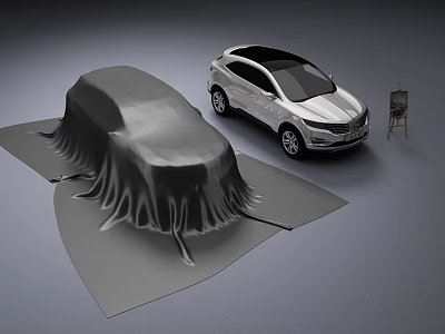 Covered Vehicle And Silver SUV Showcased With Easel In Design Studio 3d model