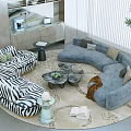Modern Zebra Print and Gray Sofa Set with Round Marble Coffee Table and Area Rug