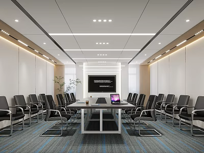 Modern Meeting Room Interior With Long Conference Table Office Chairs And Projection Screen 3d model
