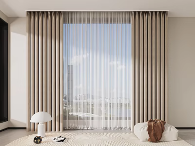 Beige Vertical Striped Curtains With Sheer Panels In Modern Interior And City View 3d model