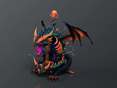 Fantasy Character Riding Mythical Dragon With Black Orange Body Purple Glowing Eyes And Spiked Wings 3d model
