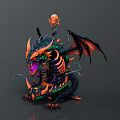 Fantasy Character Riding Mythical Dragon With Black Orange Body Purple Glowing Eyes And Spiked Wings