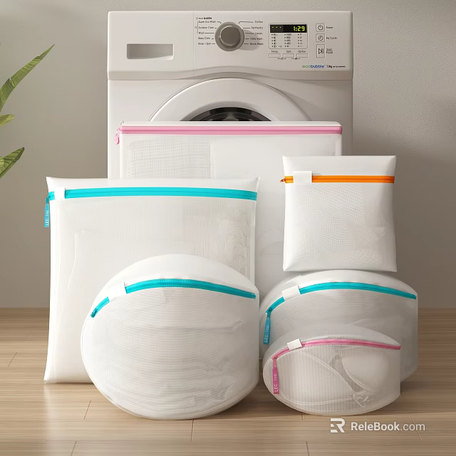 Different Mesh Laundry Bags With Colorful Zippers Near Washing Machine 3d model 