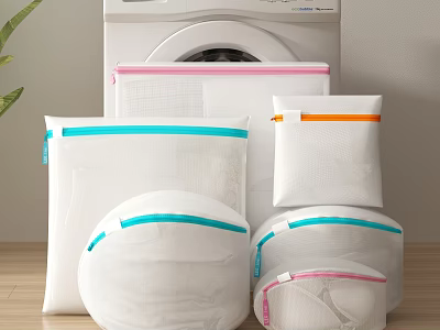 Different Mesh Laundry Bags With Colorful Zippers Near Washing Machine 3d model