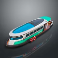 Modern Turquoise And White Model Boat With Red Lifebuoys And Streamlined Design