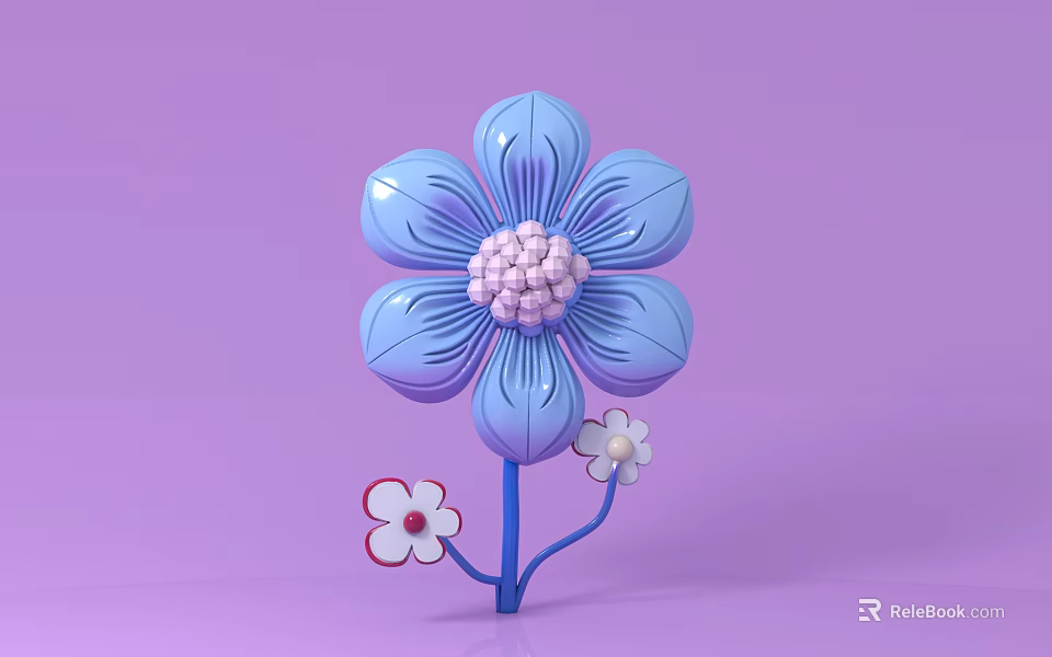 Creative Floral Display Blue Flower with Pink Center and Small White Flowers on Purple Background 3d model 