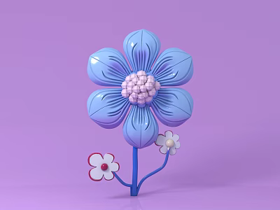 Creative Floral Display Blue Flower with Pink Center and Small White Flowers on Purple Background 3d model