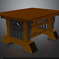 Classic Wooden Table With Orange Tabletop And Intricate Lattice Leg Design
