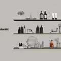 Molten&RC Perfume and Cosmetics Stylish Display on Wooden Shelves with Bottles Jars and Decorative Items