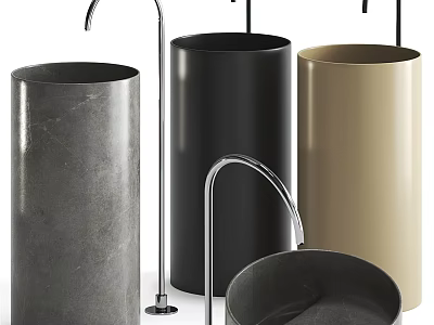 Cylindrical Bathroom Washbasins With Three Different Colors Gray Black Beige And Faucets 3d model