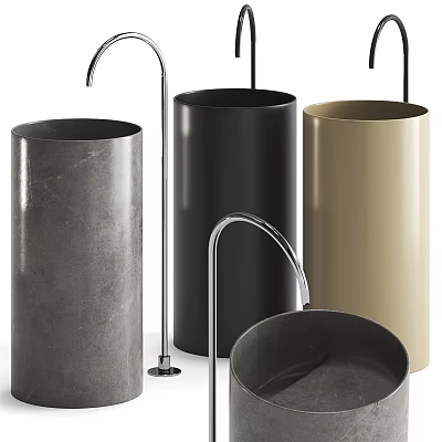 Cylindrical Bathroom Washbasins With Three Different Colors Gray Black Beige And Faucets 3d model