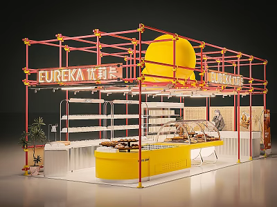 Bright Dessert Shop With Red Scaffolding Structure Yellow Circular Decoration Display Counter And Fresh Desserts 3d model