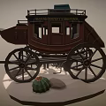 Cartoon Scenic Vintage Stagecoach With Cowboy Figure Cactus Plant And Desert Rock Sand