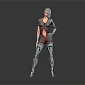 Sci Fi Game Movie Character With Silver Hair Red Gray Bodysuit And Mechanical Limbs