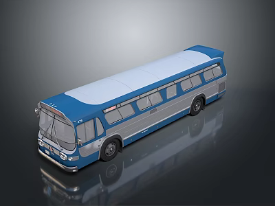 Blue and White Vintage Bus with Classic Exterior Design Multiple Windows on Reflective Surface 3d model
