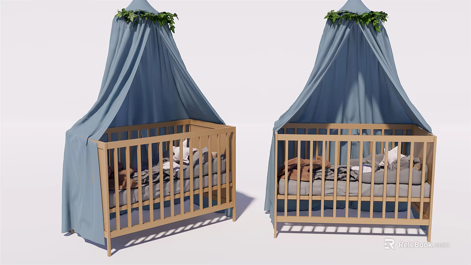 Twin Wooden Baby Cribs With Blue Canopy Green Leaf Decorations And Soft Bedding 3d model 