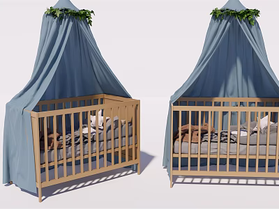 Twin Wooden Baby Cribs With Blue Canopy Green Leaf Decorations And Soft Bedding 3d model