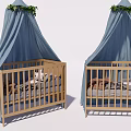 Twin Wooden Baby Cribs With Blue Canopy Green Leaf Decorations And Soft Bedding